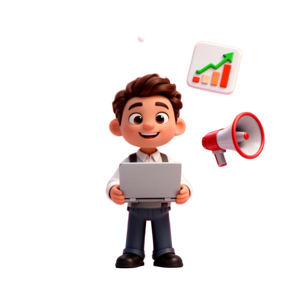 Megsun Digital — 3D marketing character with floating analytics